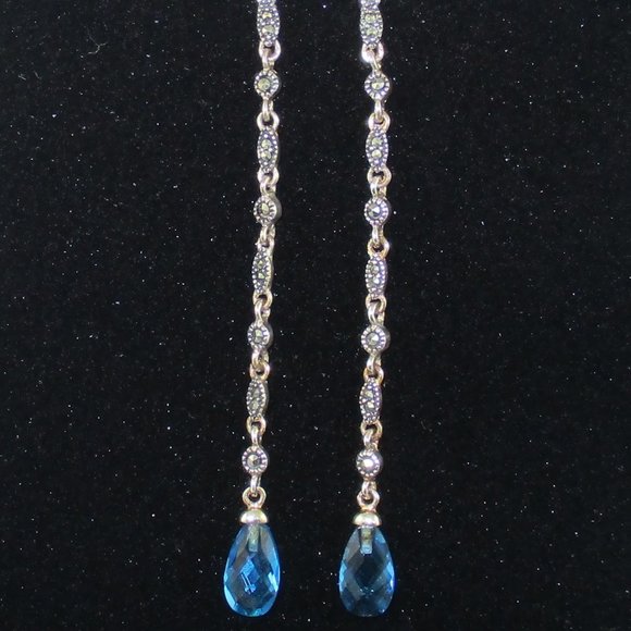 Blue Crystal & Marcasite Dangle Earrings - Picture 2 of 14